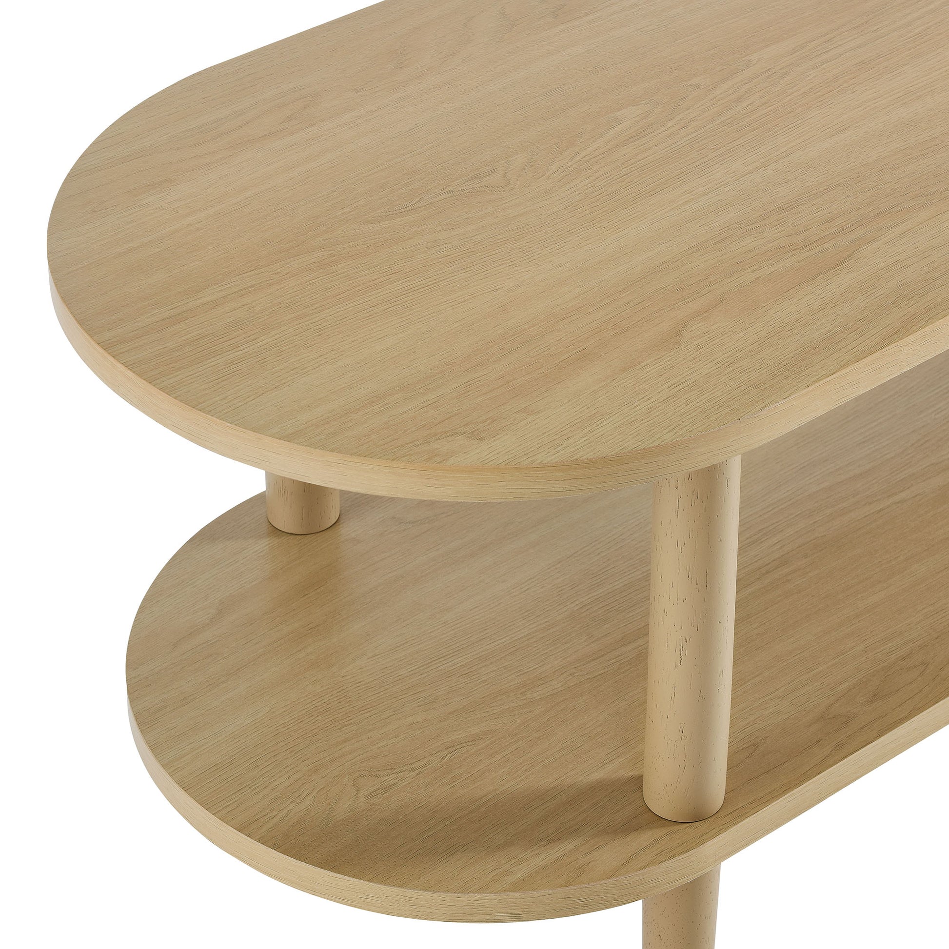 Oak wood two-tier oval TV stand with rounded edges and cylindrical legs.