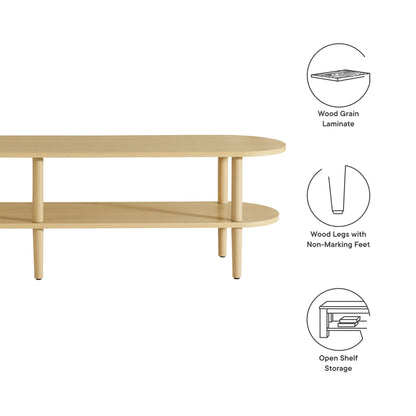 Oak wood TV stand with two-tier open shelf, oval shape and rounded edges.