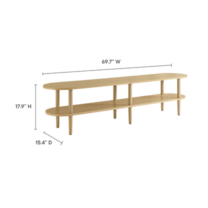 Natural oak two-tier console with rounded ends and vertical supports; mid-century modern TV stand, 69.7W x 17.9H x 15.4D