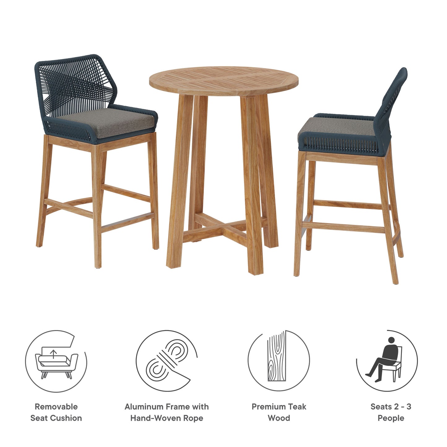 Modway - Wellspring 3-Piece Outdoor Patio Teak Wood Bar Set by Modway  Outdoor Furniture Bar and Dining Gray - EEI-7163-BLU-GPH-SET