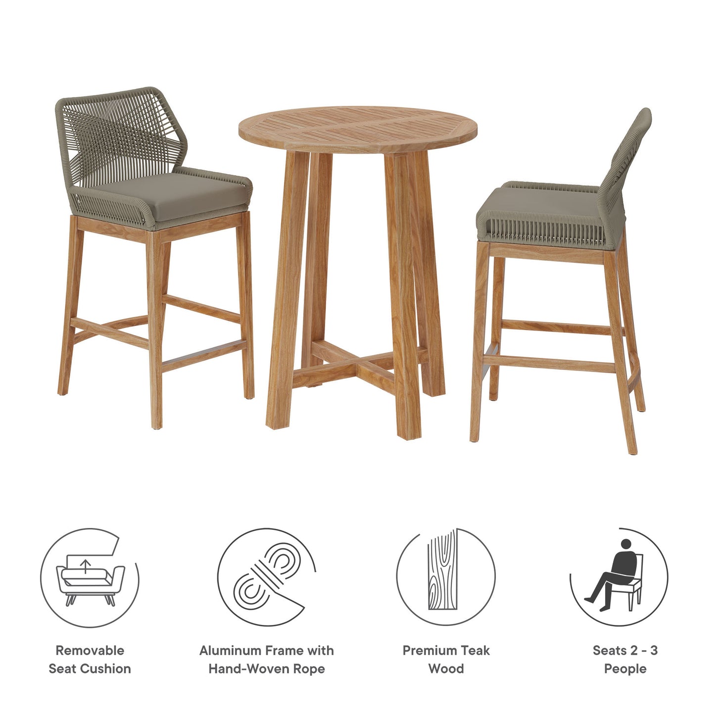 Modway - Wellspring 3-Piece Outdoor Patio Teak Wood Bar Set by Modway  Outdoor Furniture Bar and Dining Gray - EEI-7163-LGR-GRG-SET