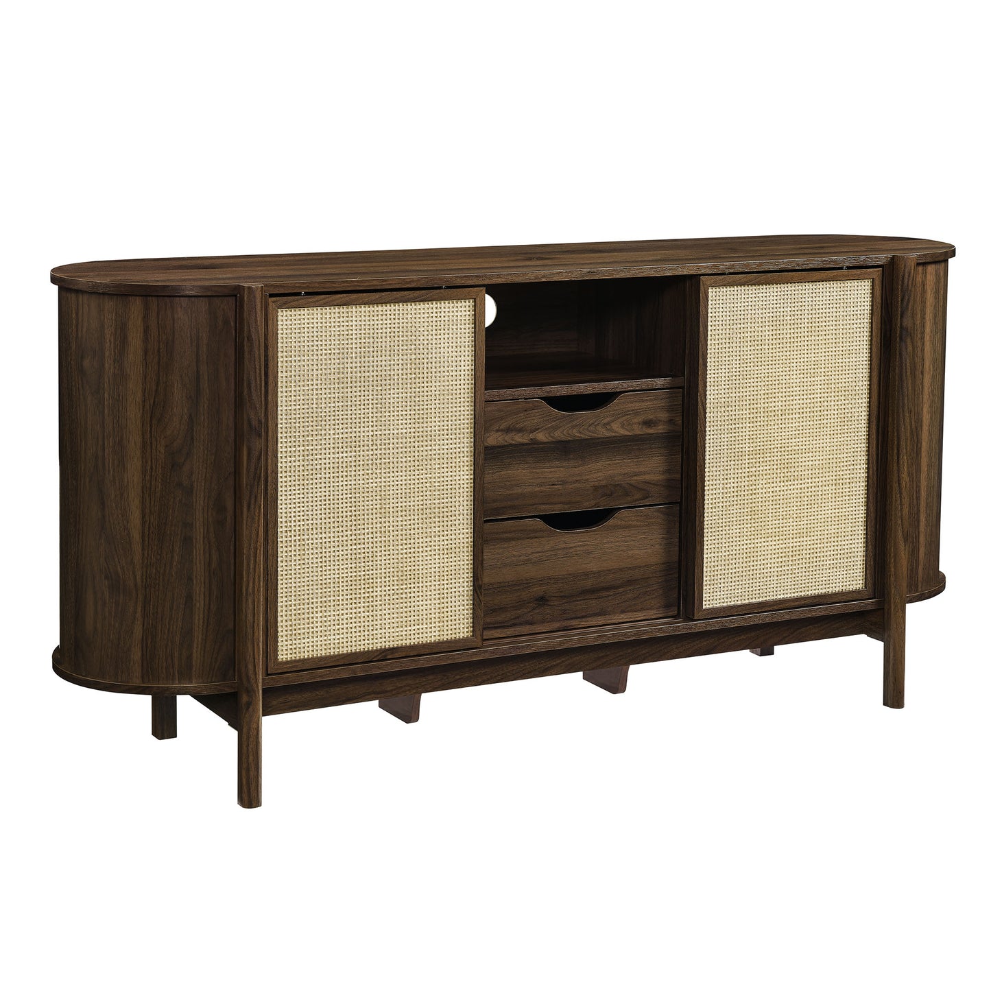 Walnut-finished sideboard with rounded ends, two rattan-woven cabinet doors, center open shelf and three drawers.