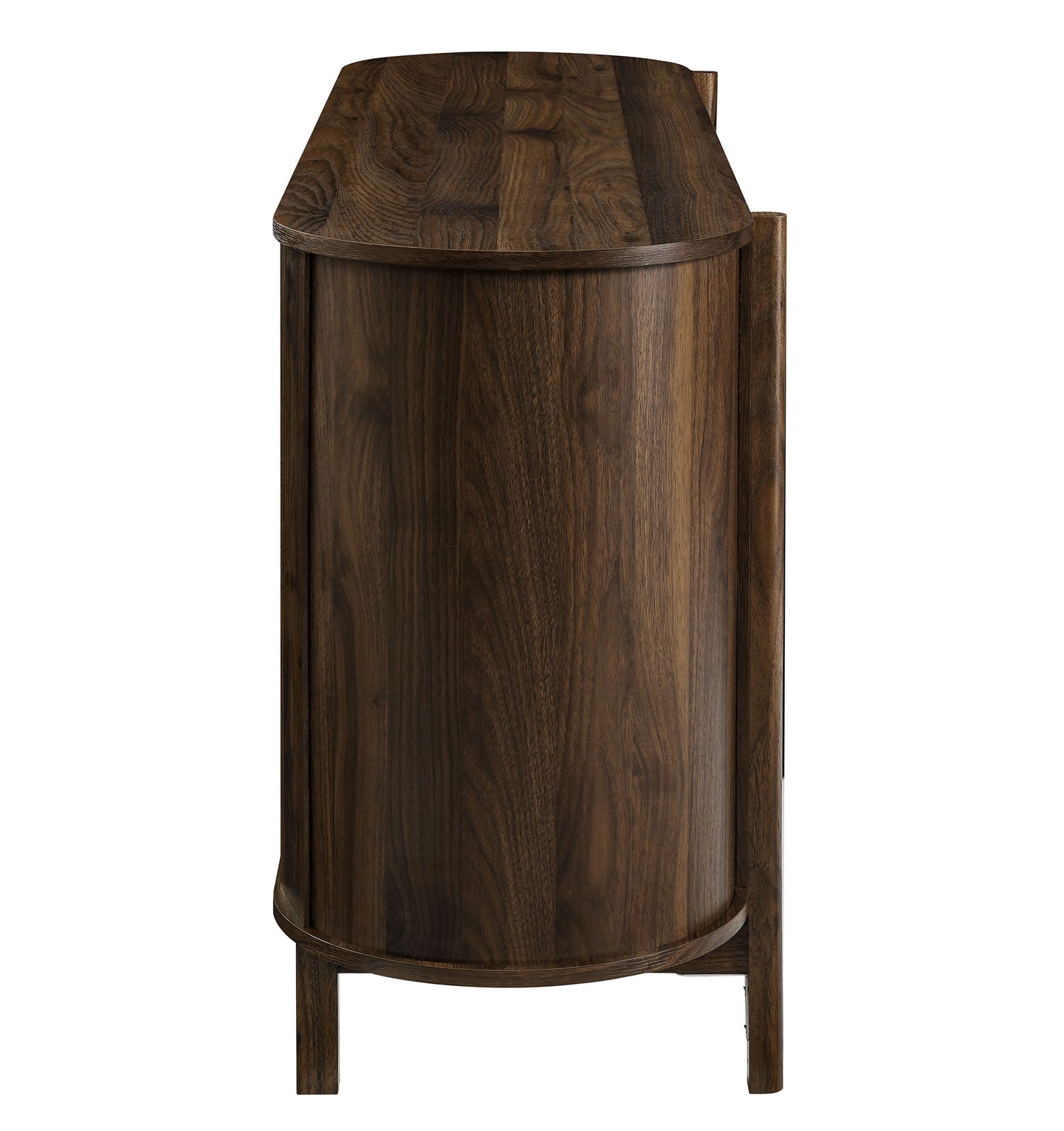 63" curved sideboard in dark walnut finish with cabinet doors.