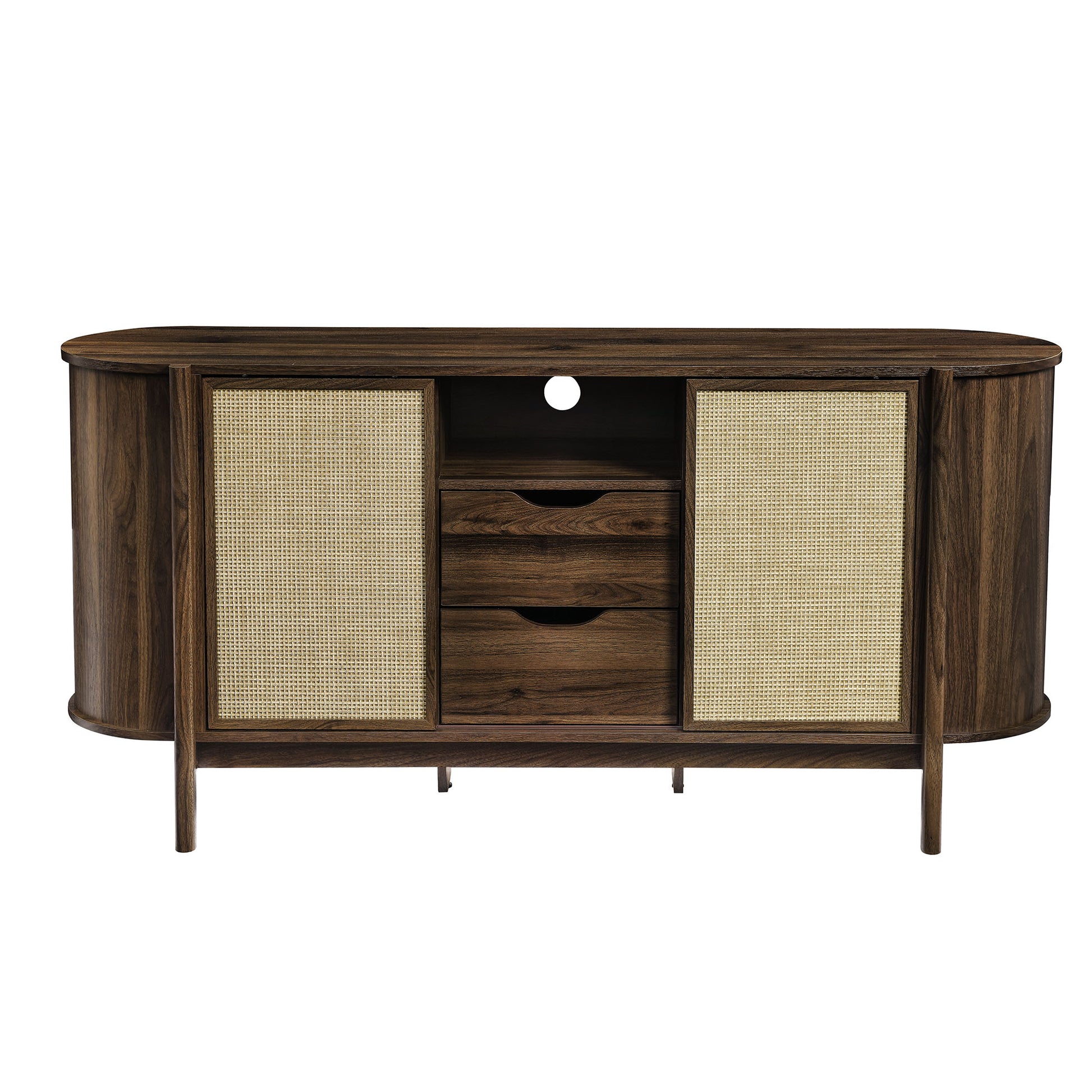 Walnut mid-century sideboard with rounded ends, two woven cane cabinet doors, three central drawers, and a middle open shelf.