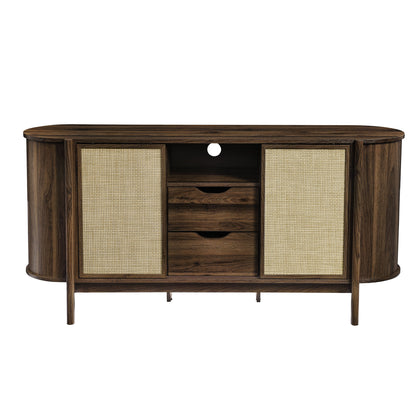 Walnut mid-century sideboard with rounded ends, two woven cane cabinet doors, three central drawers, and a middle open shelf.