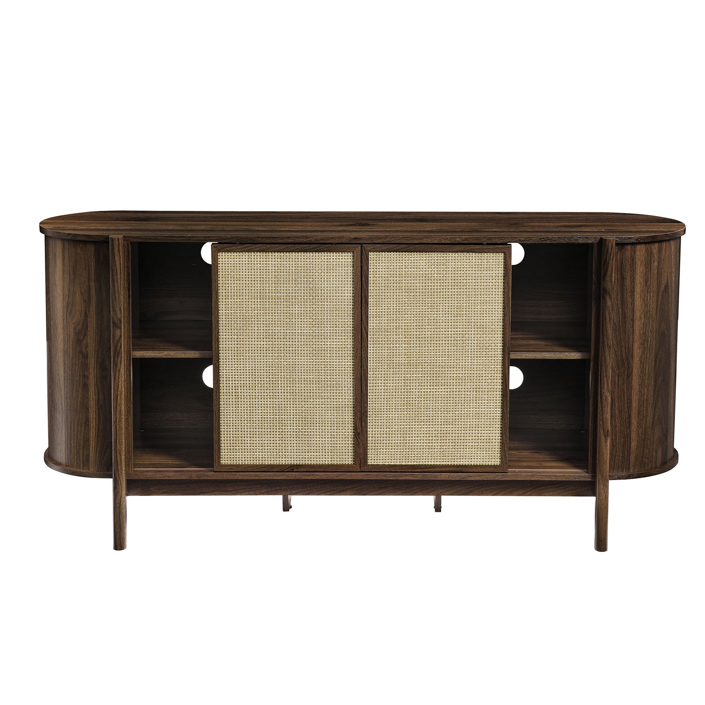 Dark walnut wood mid-century modern sideboard with rounded ends, woven cane sliding doors, and open shelves.