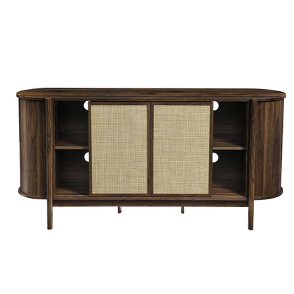 Dark walnut wood mid-century modern sideboard with rounded ends, woven cane sliding doors, and open shelves.
