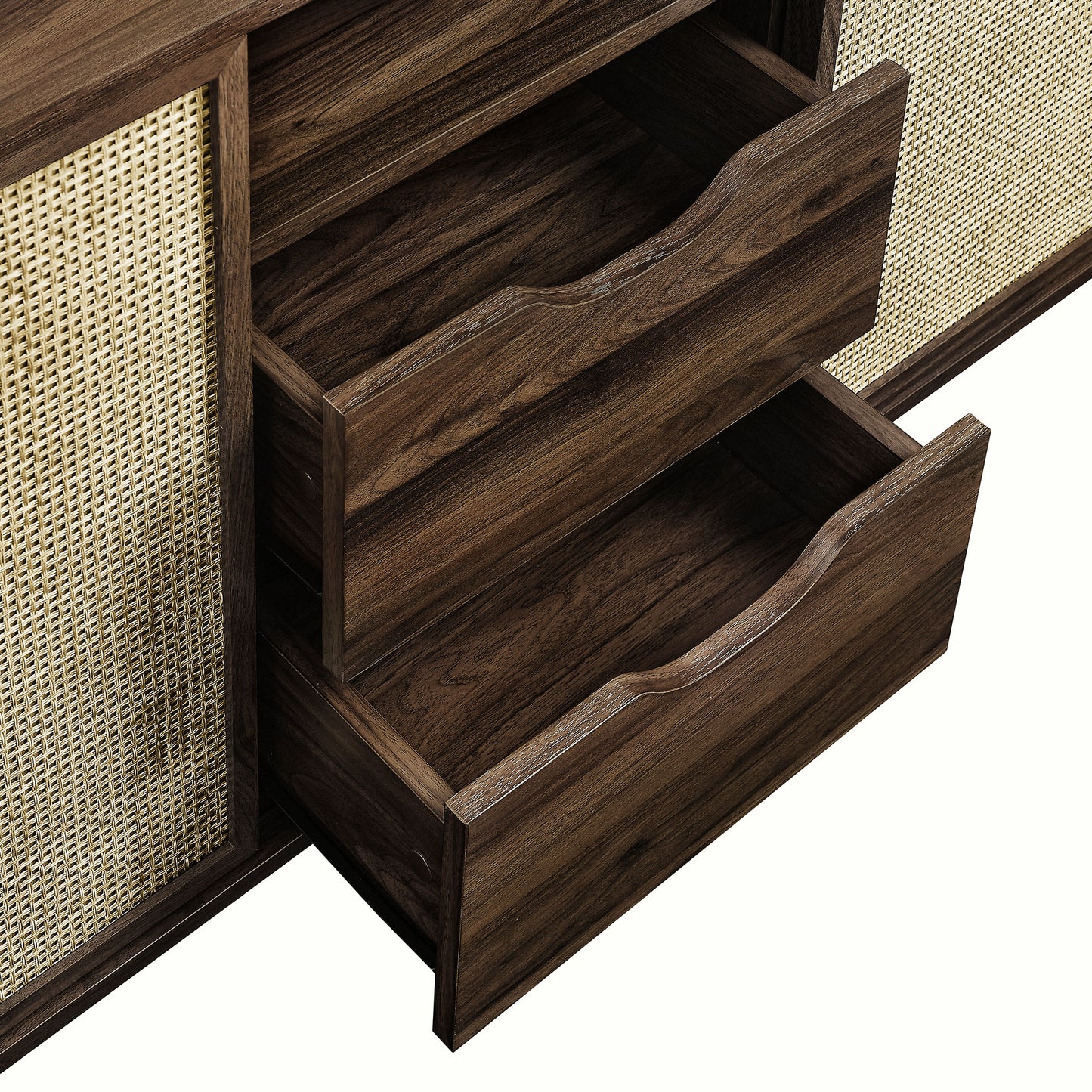 Dark walnut wood sideboard with two open drawers and curved finger pulls; cane-woven side panels.