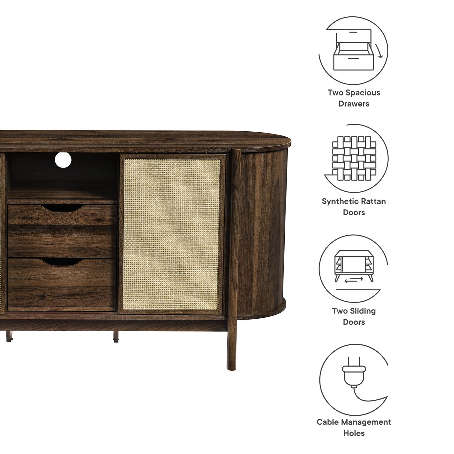 Walnut-finish curved sideboard with left two spacious drawers, right synthetic rattan doors, and cable management holes.