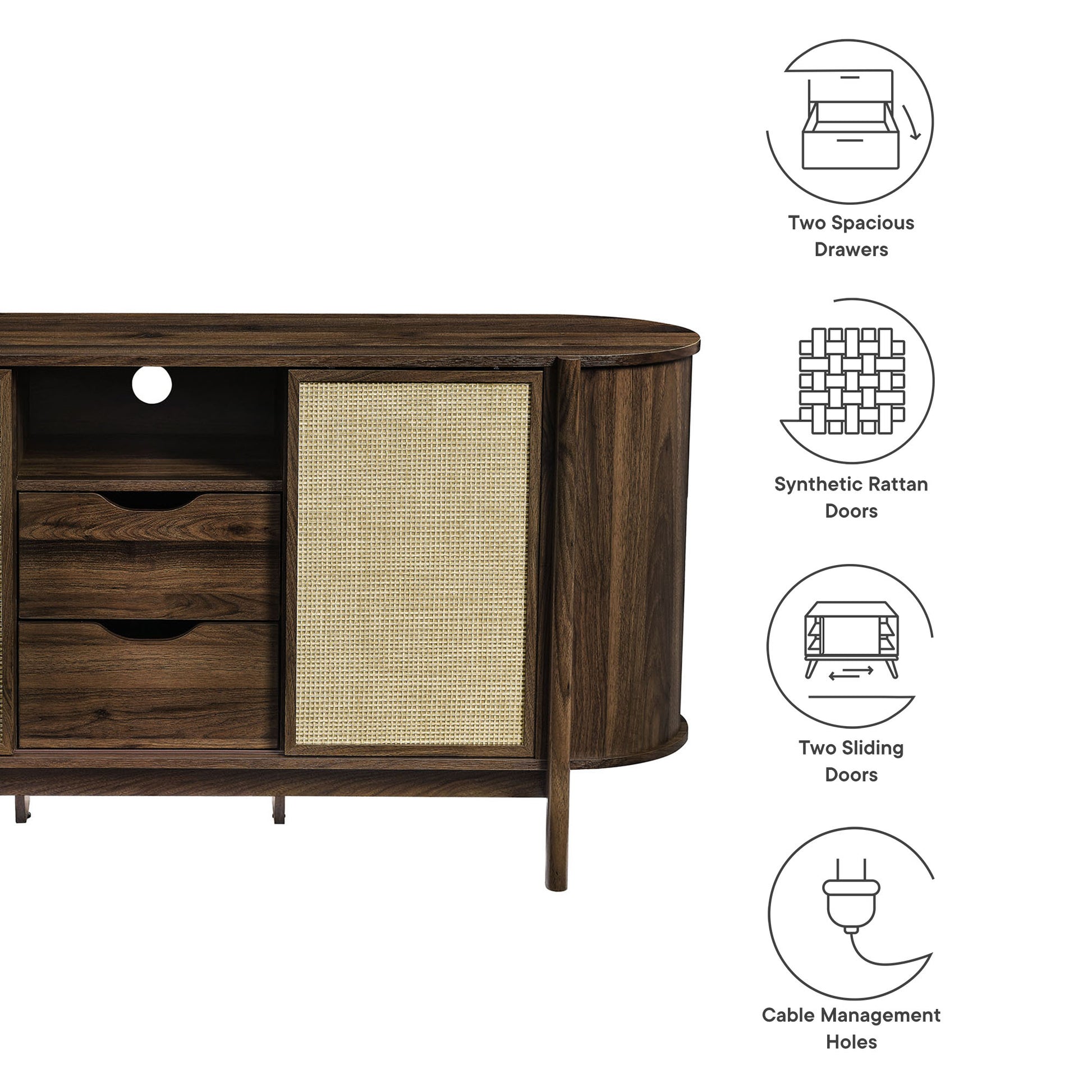 Walnut-finish curved sideboard with left two spacious drawers, right synthetic rattan doors, and cable management holes.