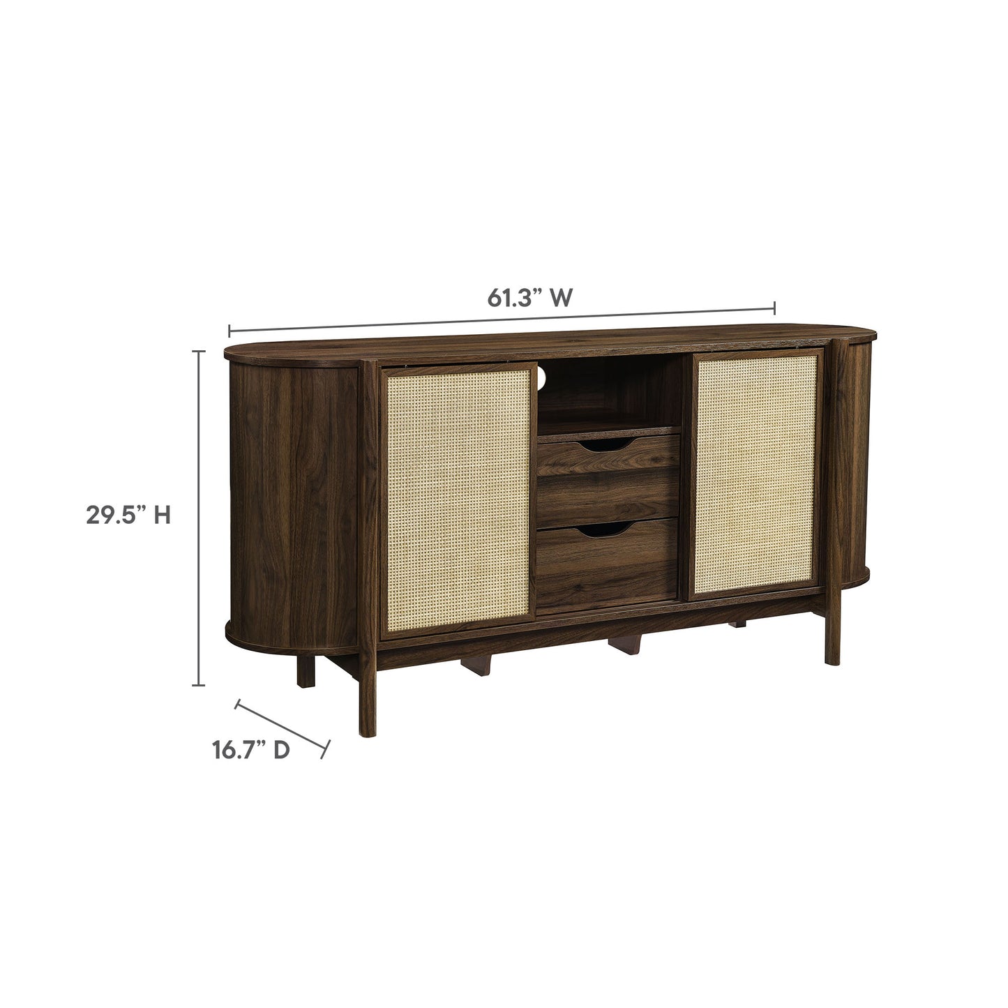 Walnut-finish curved wooden sideboard with woven rattan doors on ends, central open shelf, and tapered legs.
