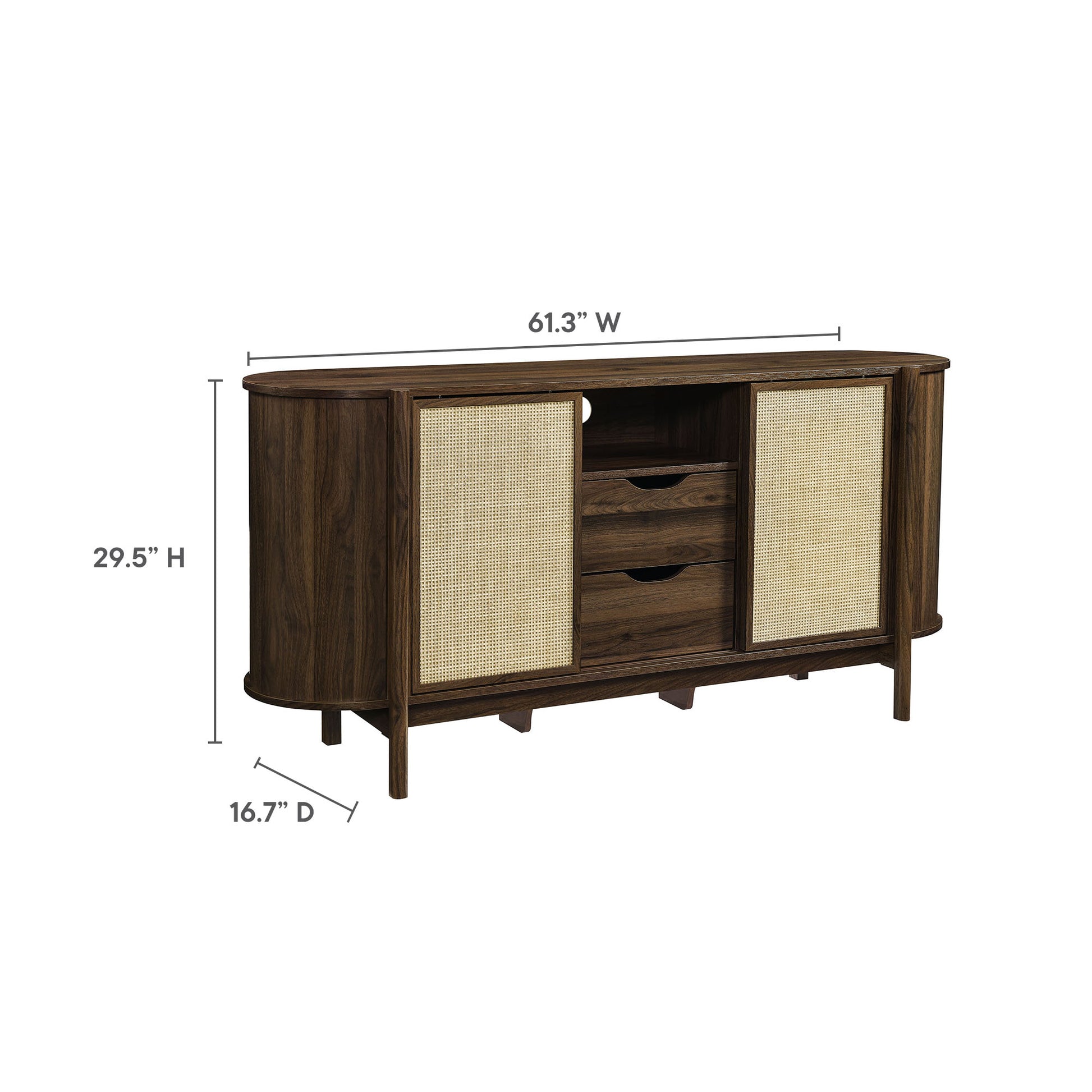 Walnut-finish curved wooden sideboard with woven rattan doors on ends, central open shelf, and tapered legs.