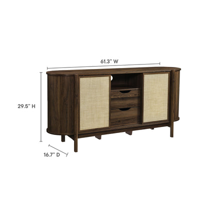 Walnut-finish curved wooden sideboard with woven rattan doors on ends, central open shelf, and tapered legs.