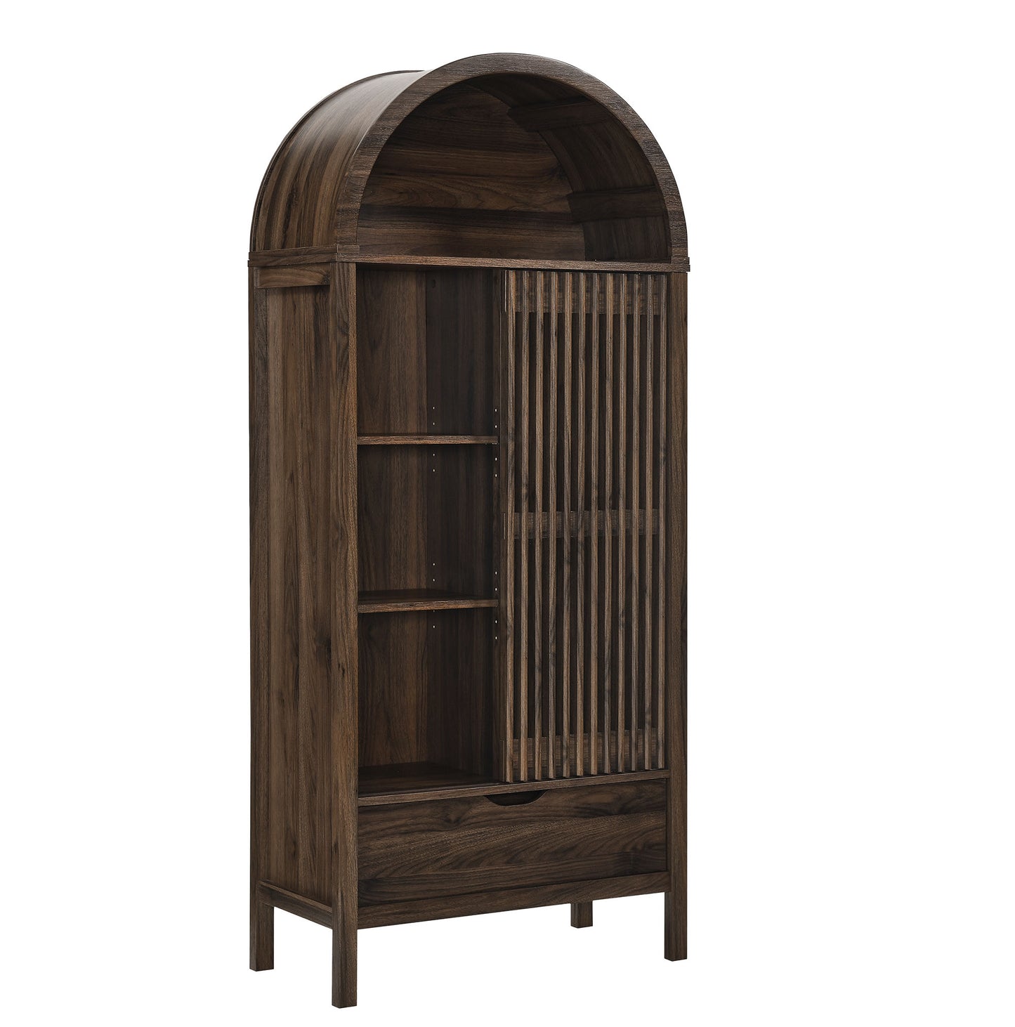 Walnut-finish wooden cabinet with an arched top, open shelves on the left, vertical slatted door on the right, and a bottom drawer.