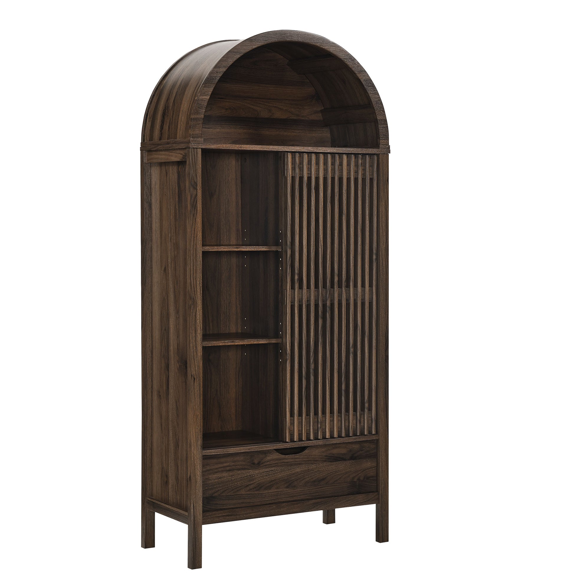 Walnut-finish wooden cabinet with an arched top, open shelves on the left, vertical slatted door on the right, and a bottom drawer.