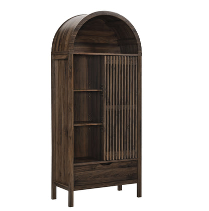 Walnut-finish wooden cabinet with an arched top, open shelves on the left, vertical slatted door on the right, and a bottom drawer.