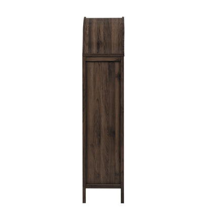 Dark walnut arched storage display cabinet with a single full-height door, freestanding.