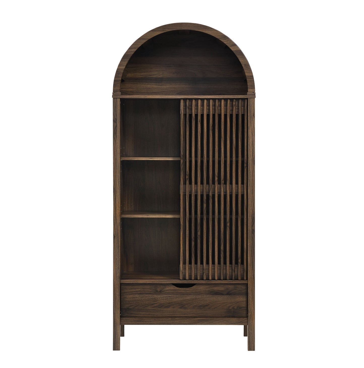 Dark walnut wood arched-top cabinet with left open shelves, right vertical slat door, and bottom drawer.