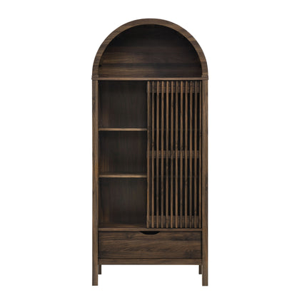 Dark walnut wood arched-top cabinet with left open shelves, right vertical slat door, and bottom drawer.