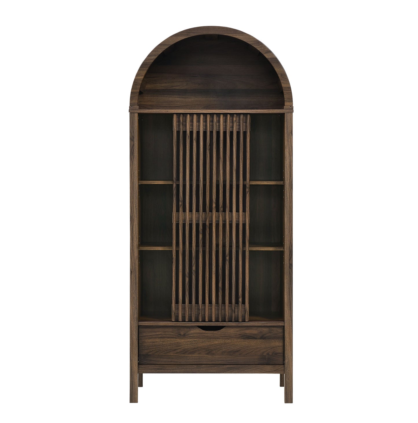 Walnut wood cabinet with arched top, open side shelves, central vertical slat tambour door, and a bottom drawer.