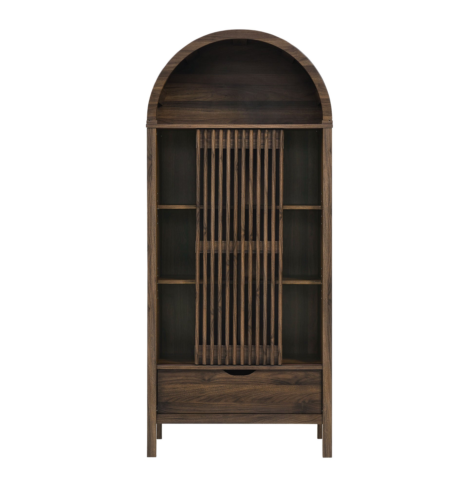 Walnut wood cabinet with arched top, open side shelves, central vertical slat tambour door, and a bottom drawer.