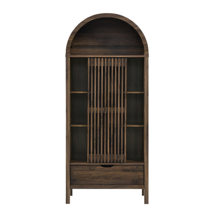 Walnut wood cabinet with arched top, open side shelves, central vertical slat tambour door, and a bottom drawer.