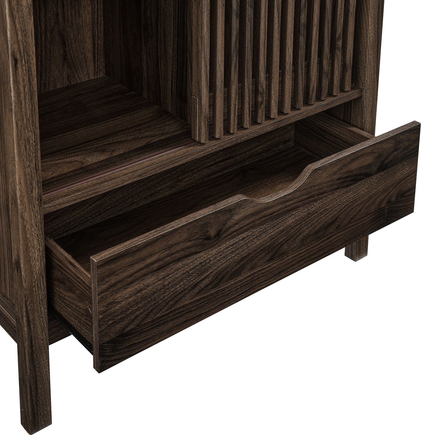 Dark walnut wood cabinet with vertical slat wine rack section and an open lower drawer, rustic storage furniture.