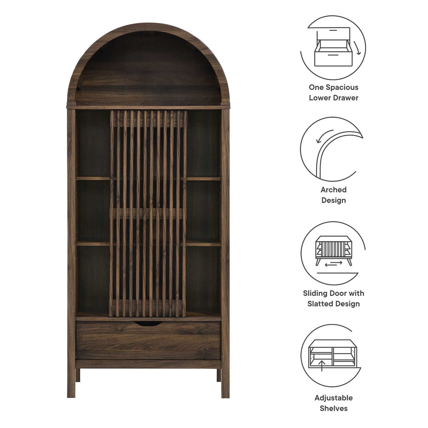 Dark walnut arched storage display cabinet with sliding slatted door, central wine bottle rack, adjustable shelves, and a lower drawer.