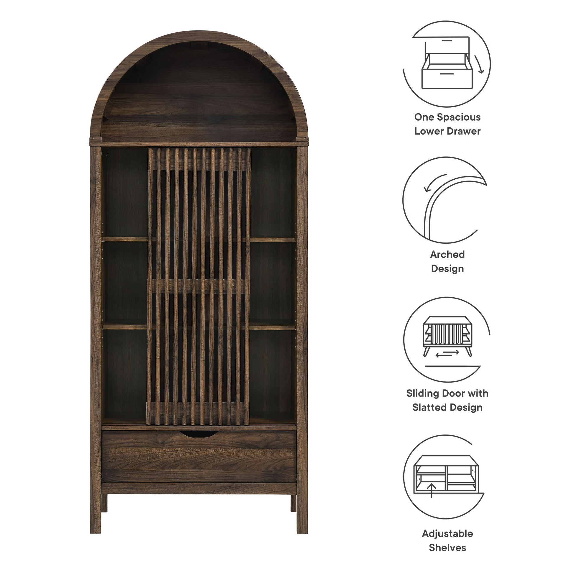 Dark walnut arched storage display cabinet with sliding slatted door, central wine bottle rack, adjustable shelves, and a lower drawer.