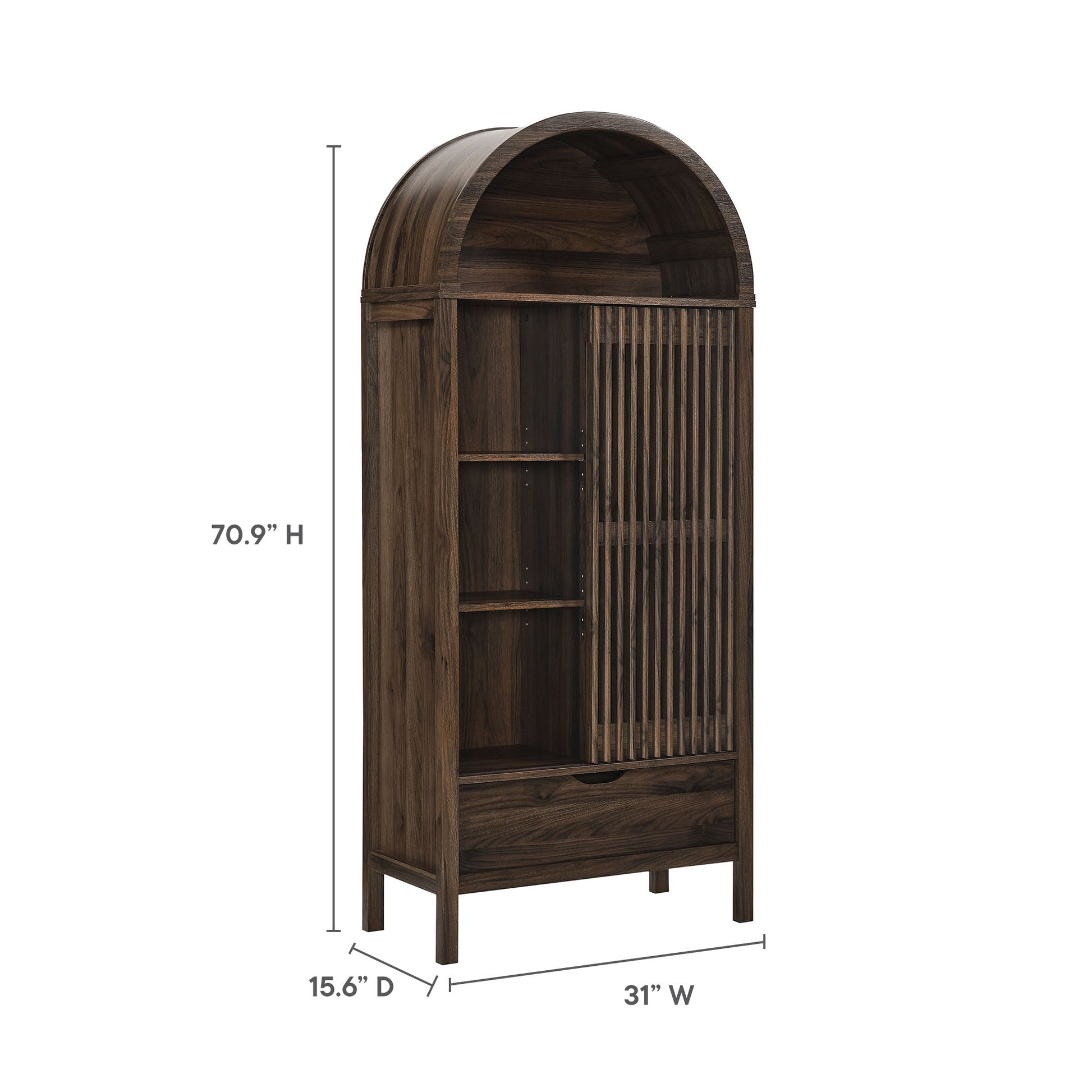 Dark walnut arched-top cabinet with open shelves left and vertical slatted door right, 31W x 15.6D x 70.9H