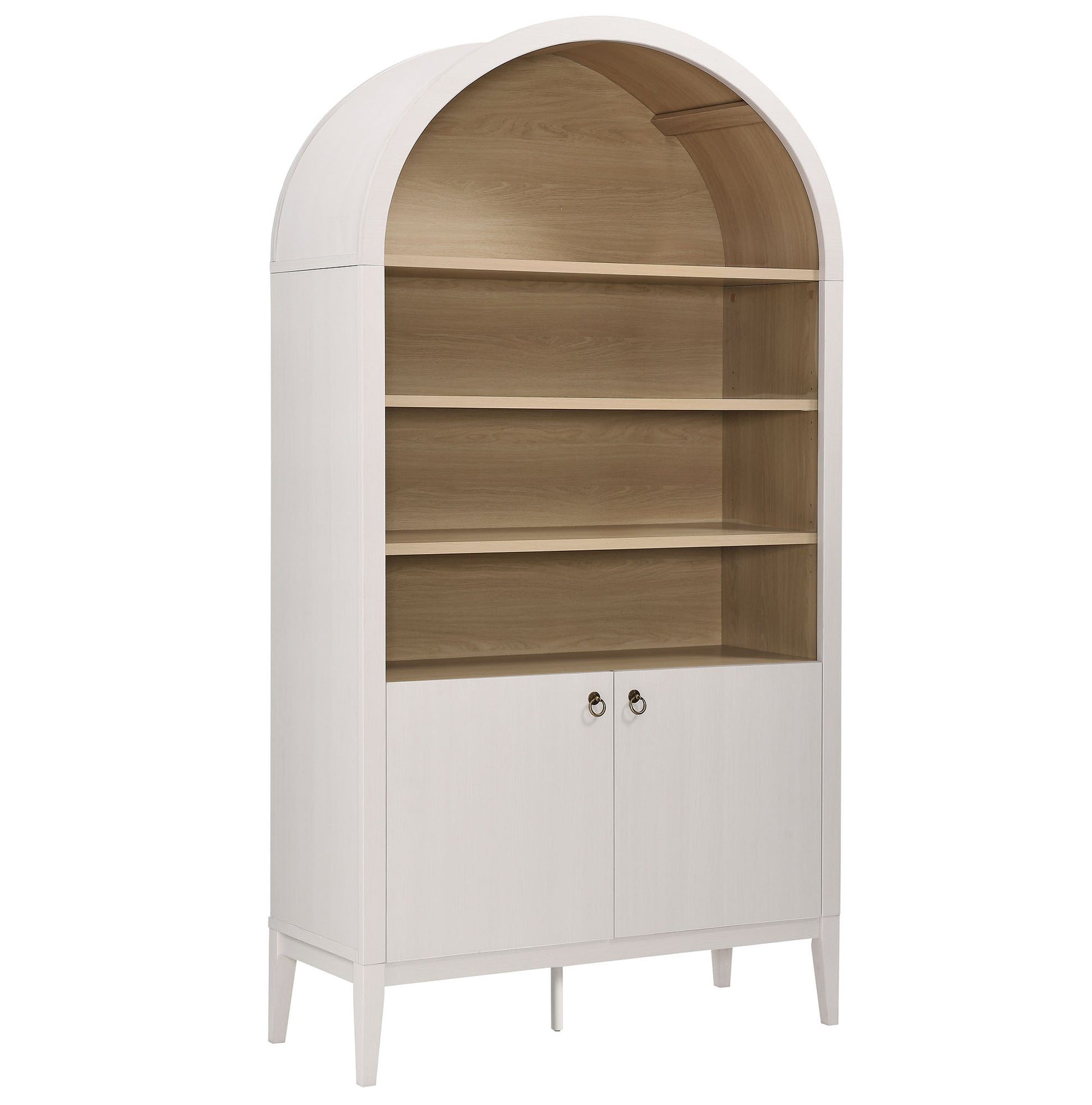 Ivory arched storage display cabinet bookshelf with light oak interior, 4 open shelves and a two-door base cabinet.
