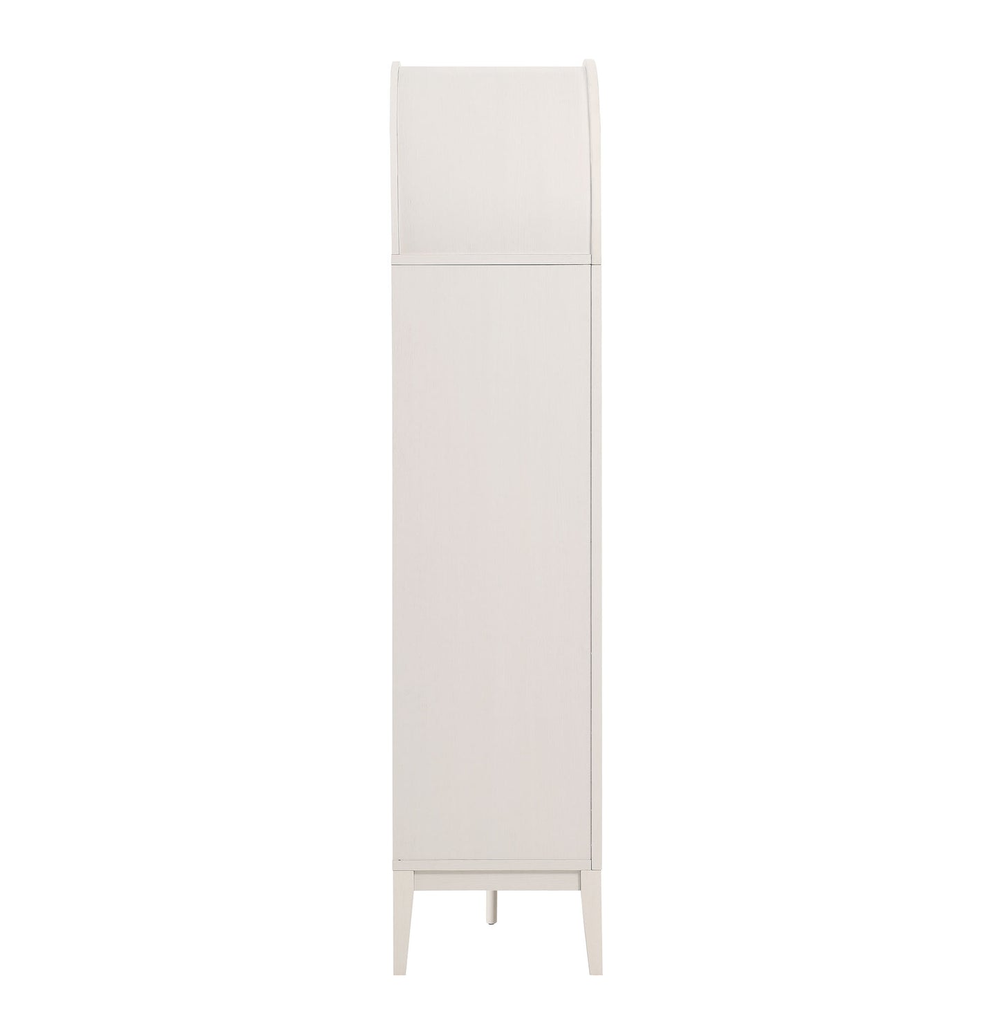 Tall white storage cabinet with curved top, single door, tapered legs.