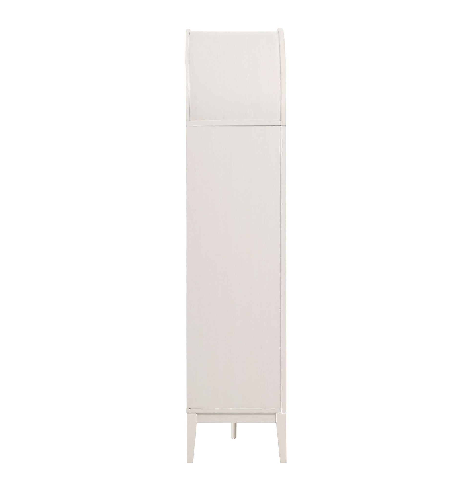 Tall white storage cabinet with curved top, single door, tapered legs.