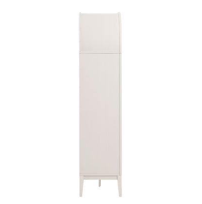 Tall white storage cabinet with curved top, single door, tapered legs.