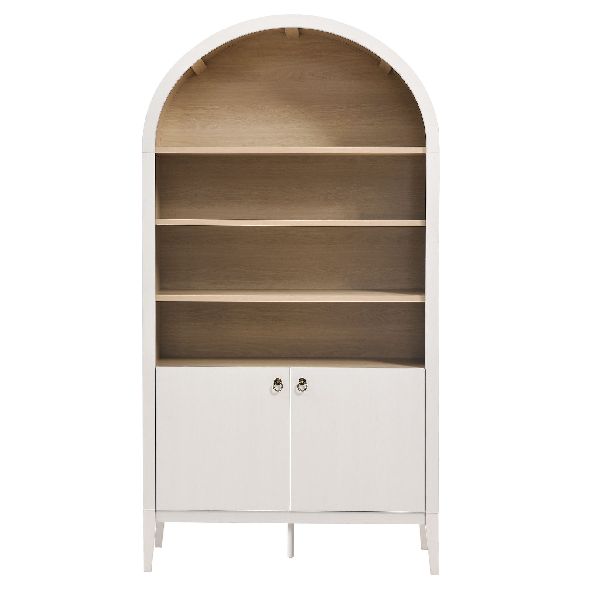 White arched bookcase with natural oak interior shelves and a two-door cabinet.