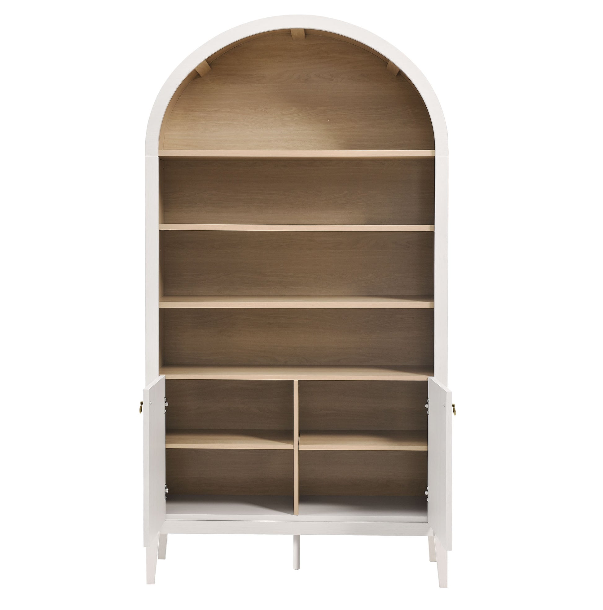 Ivory arch-top cabinet with natural oak interior; open shelves above and a two-door lower section with a central divider.
