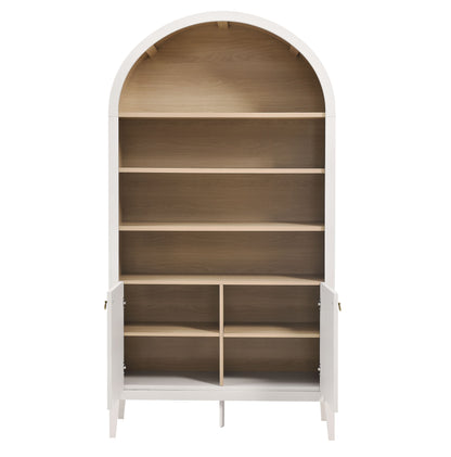 Ivory arch-top cabinet with natural oak interior; open shelves above and a two-door lower section with a central divider.