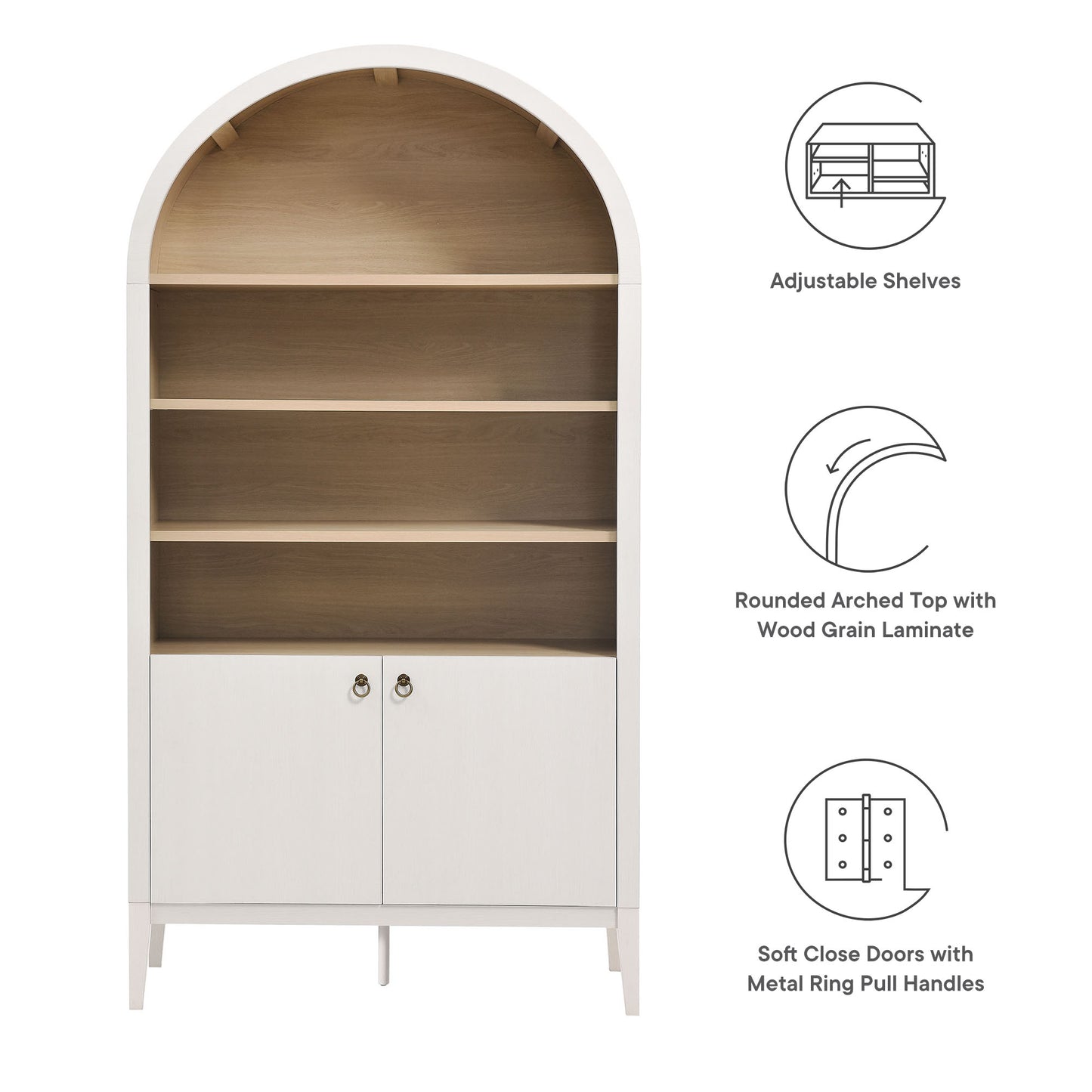 Ivory arched storage cabinet with oak interior shelves, adjustable shelves, two bottom doors, mid-century modern design