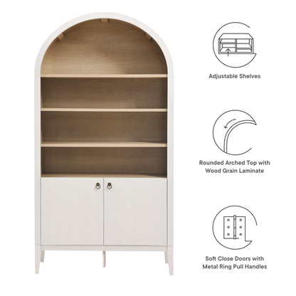 Ivory arched storage cabinet with oak interior shelves, adjustable shelves, two bottom doors, mid-century modern design