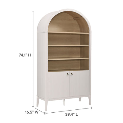 White arched-top display cabinet with three open shelves, natural oak interior, and two-door base.