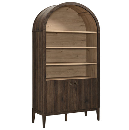 Dark walnut arched bookcase with four open shelves above a two-door cabinet and tapered legs.
