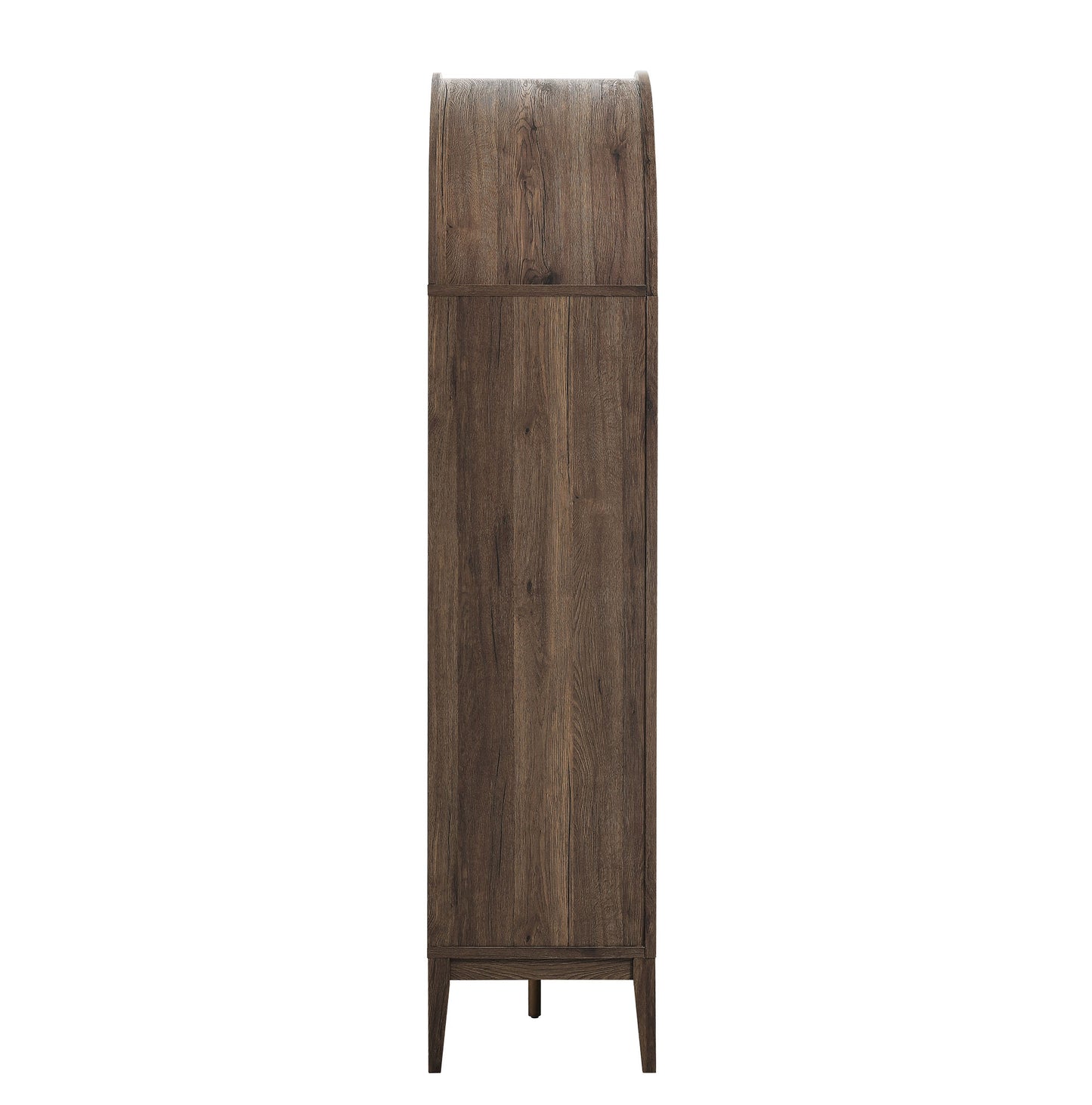 Tall walnut-finish arched display cabinet/bookshelf with vertical panels, single door, and tapered legs.