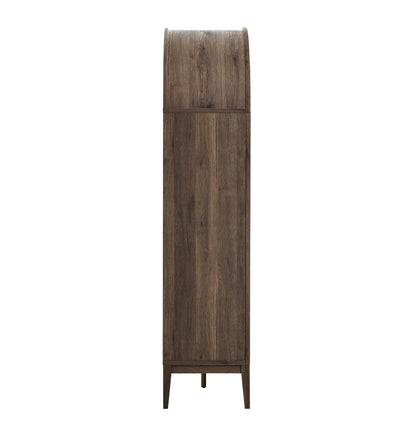 Tall walnut-finish arched display cabinet/bookshelf with vertical panels, single door, and tapered legs.