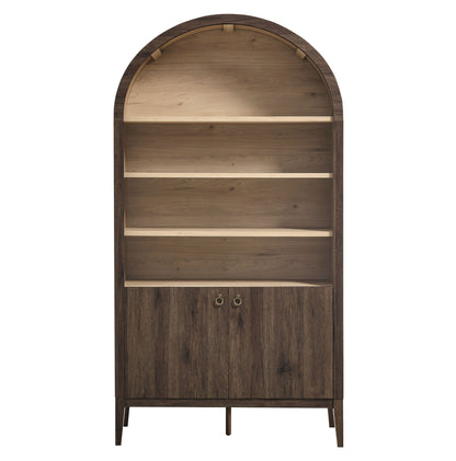 Dark walnut arched bookcase with light wood interior shelves, open display shelves above and a two-door cabinet below.