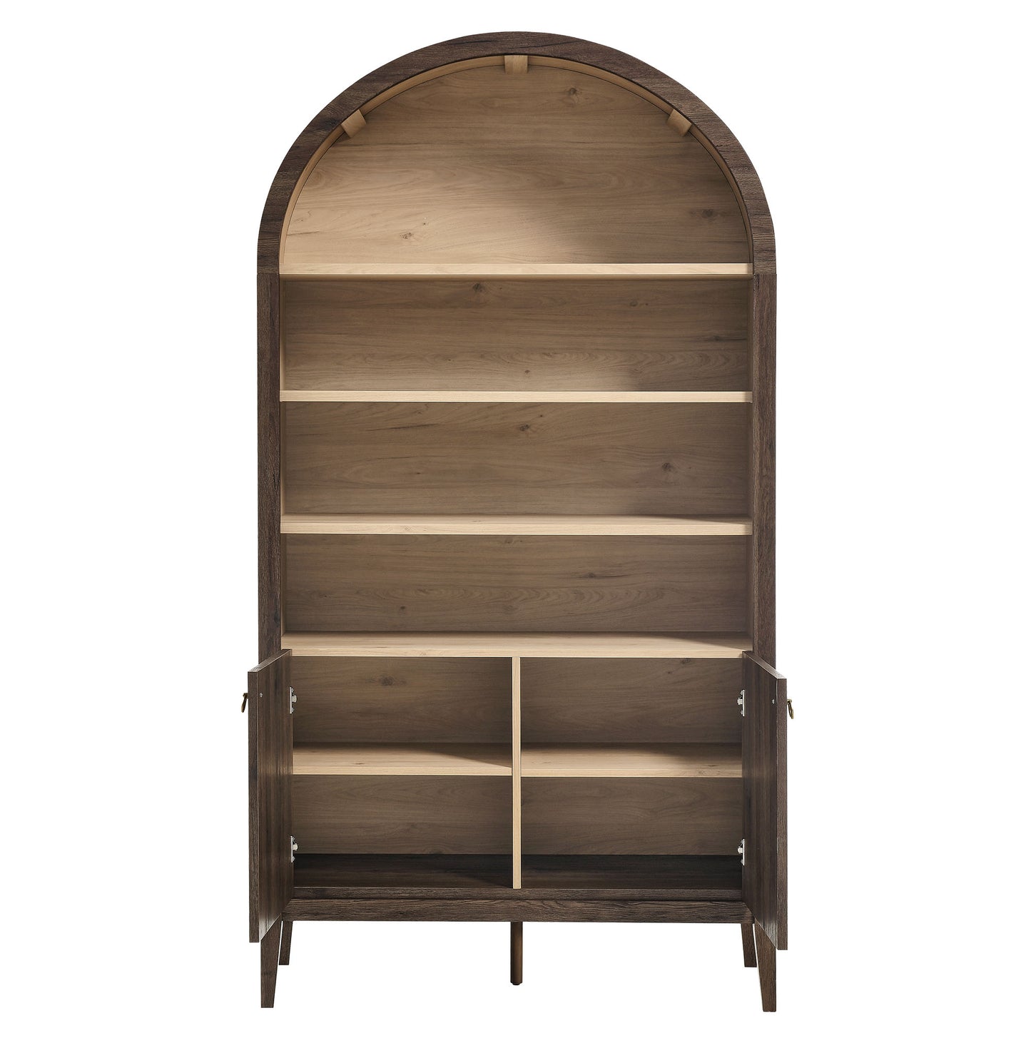 Dark walnut arched bookcase with light wood shelves and dual lower cabinets for open and concealed storage.