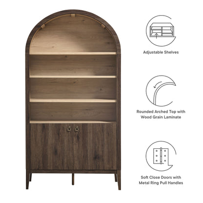 Dark walnut arched-top wooden display cabinet with adjustable shelves and two bottom doors with metal ring pulls.