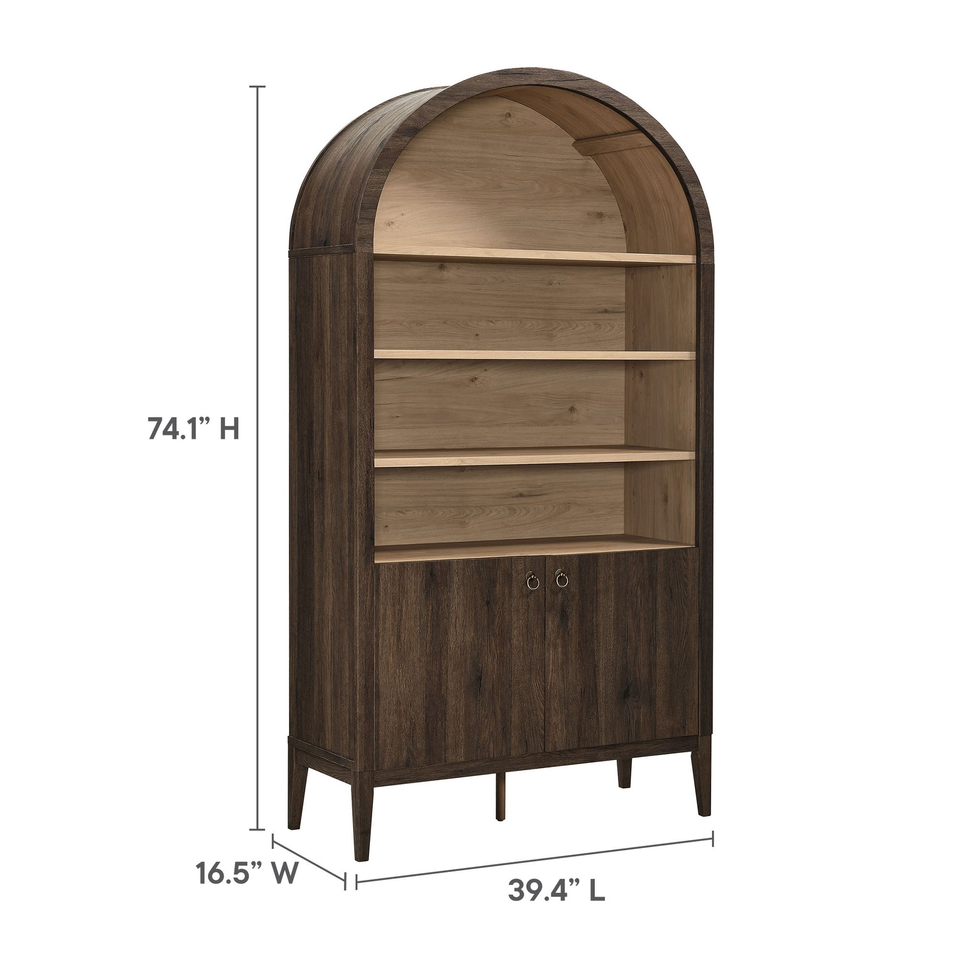 Tall dark walnut arched-top display cabinet with four legs, three open shelves above a two-door storage base.
