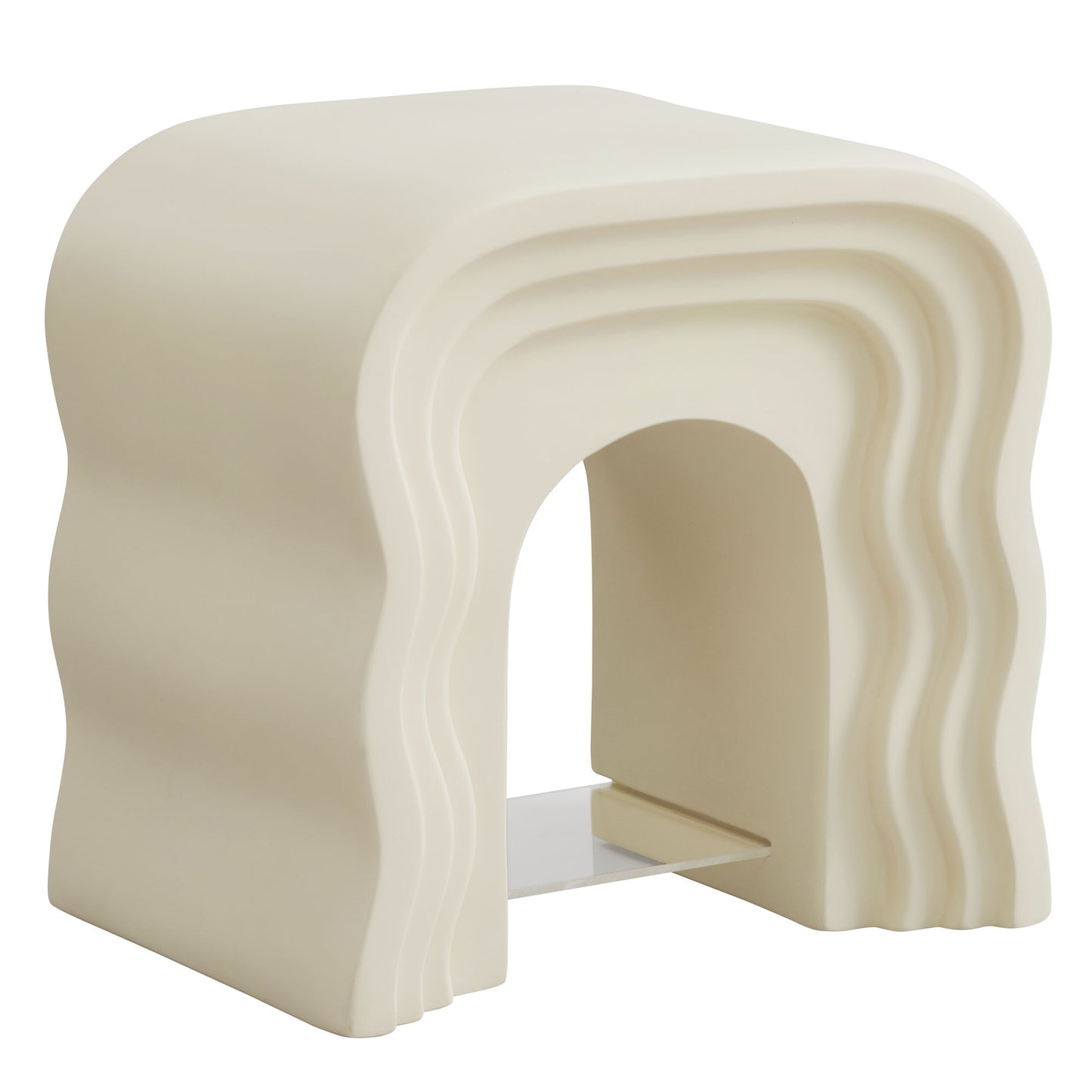Ivory resin-like sculptural side table with stacked wavy arches and a hollow center, contemporary design.