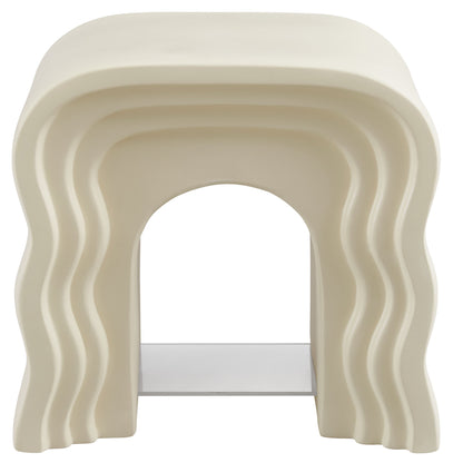 Ivory molded plastic arch-styled side table with nested, layered curves.