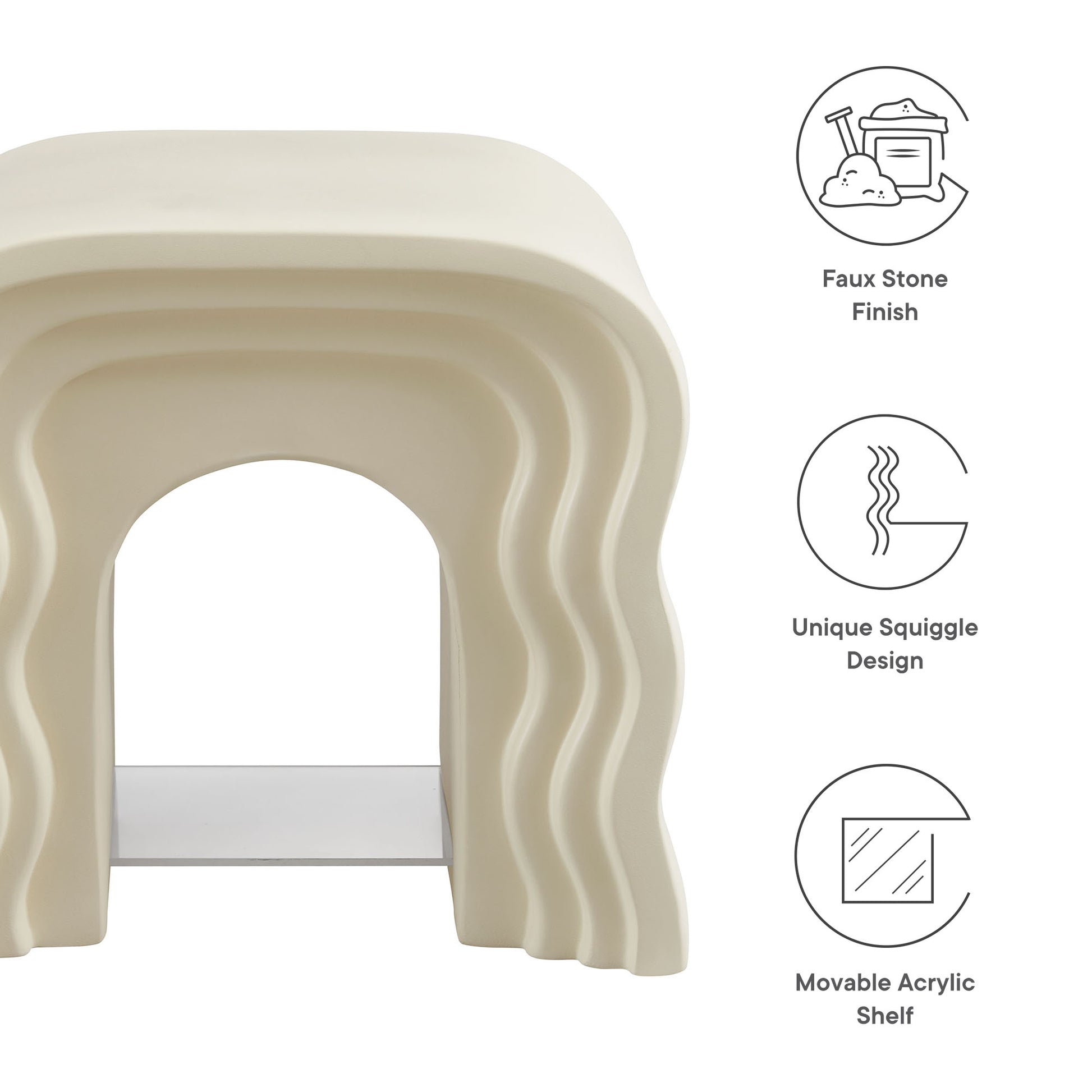 Ivory faux-stone nested-arch side table with scalloped layered arches and a movable clear acrylic shelf.